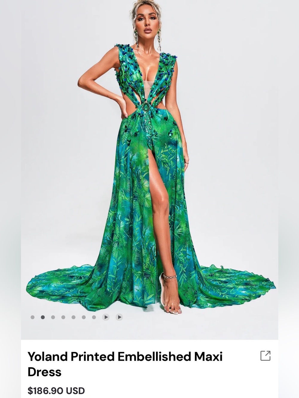 Yoland Embellished Green Printed Maxi Dress
